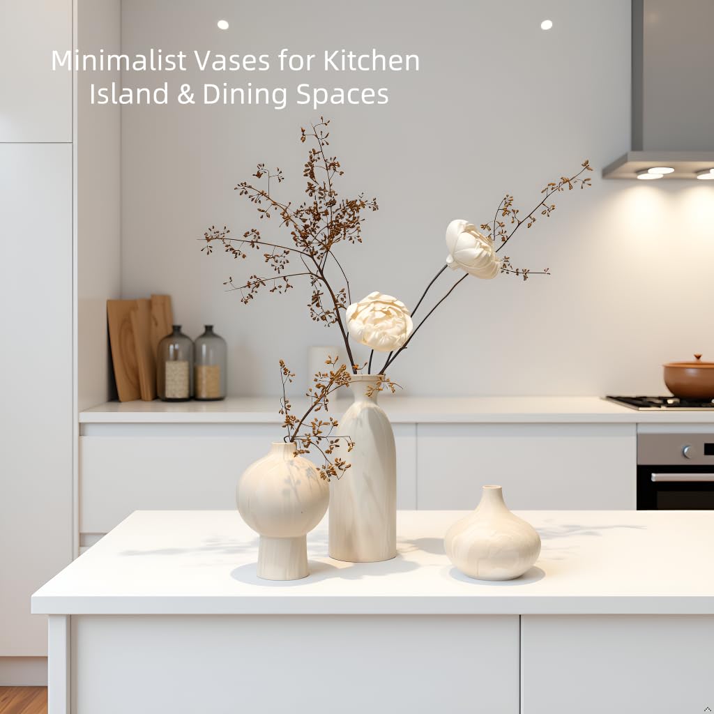 VesCare Ceramic Vase Set of 3 – White & Beige, Stone-Look Texture