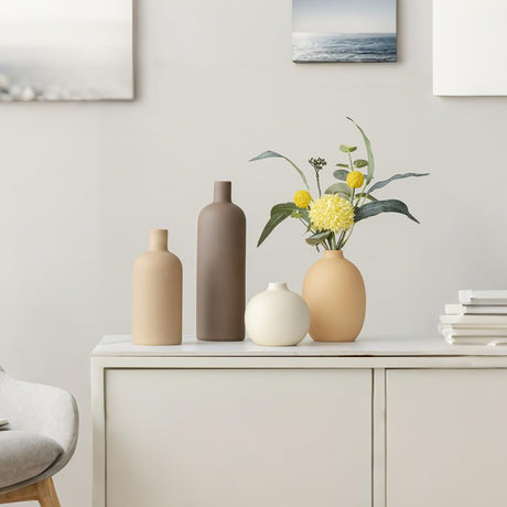 VesCare Modern Ceramic Vase Set of 4 – Neutral Colors, Coffee Mix