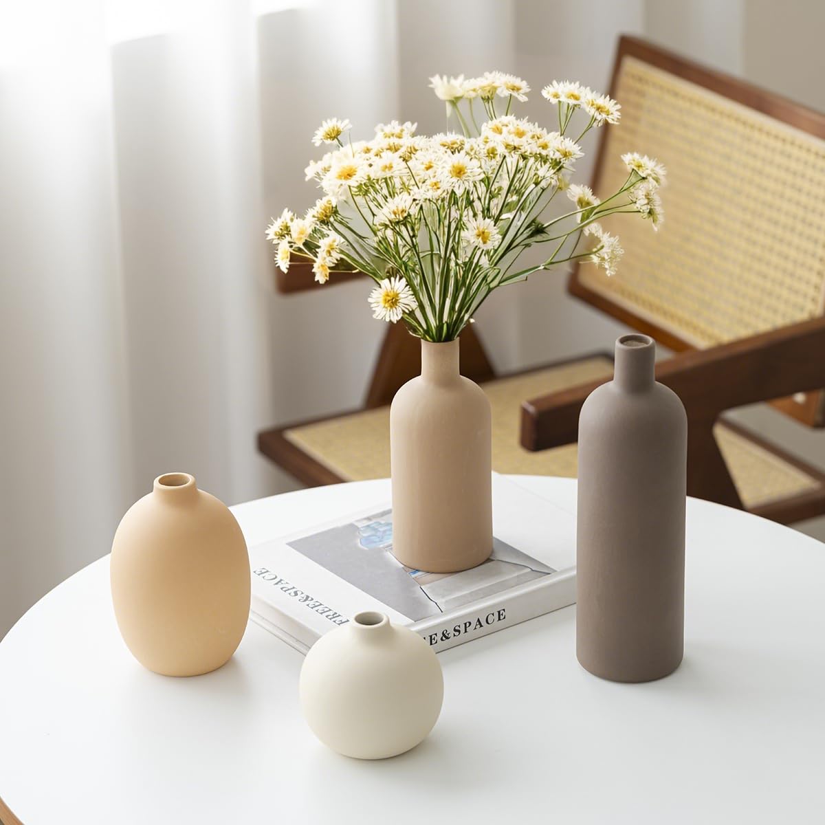 VesCare Modern Ceramic Vase Set of 4 – Neutral Colors, Coffee Mix