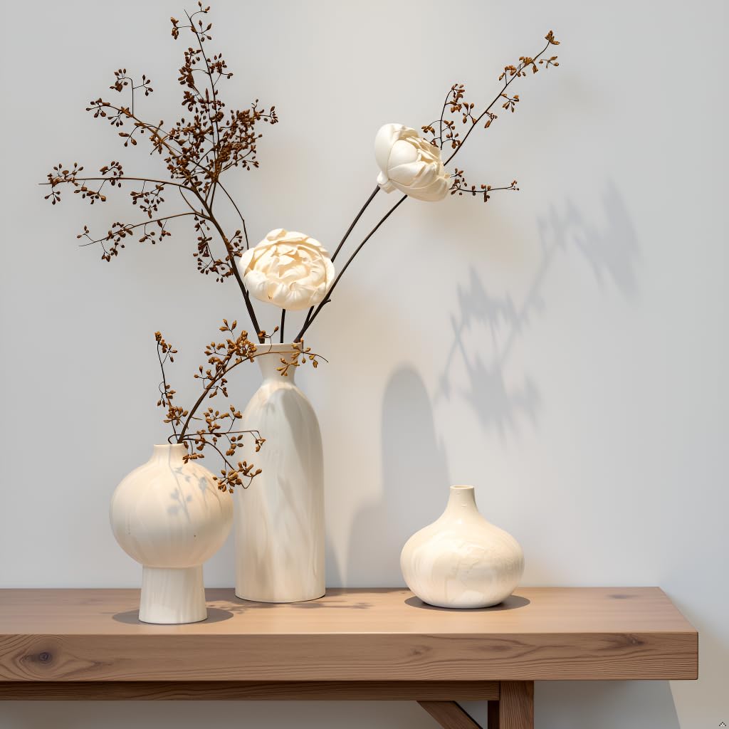 VesCare Ceramic Vase Set of 3 – White & Beige, Stone-Look Texture