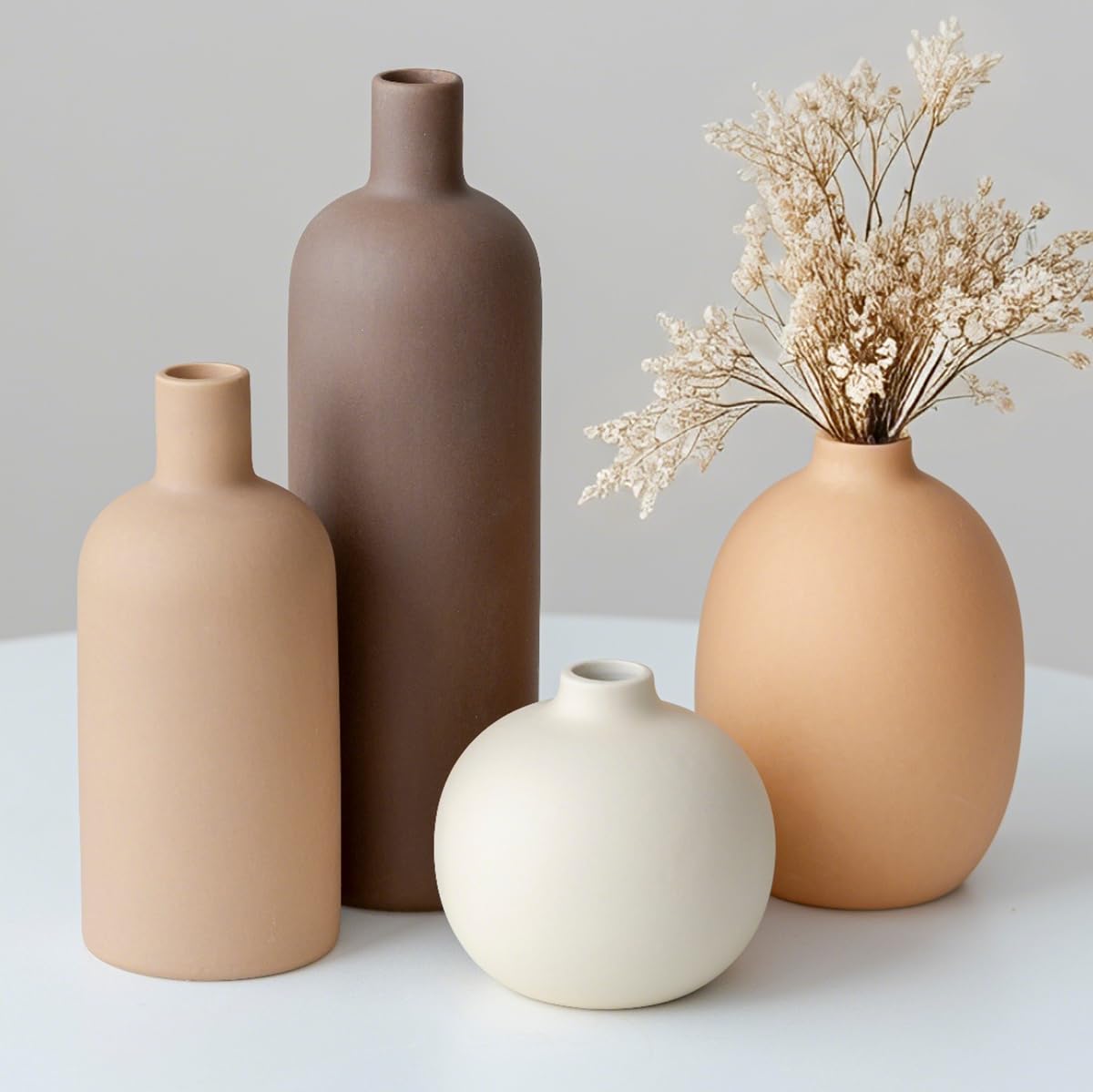 VesCare Modern Ceramic Vase Set of 4 – Neutral Colors, Coffee Mix