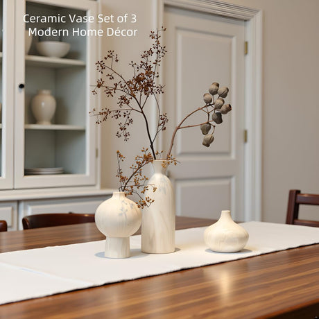 VesCare Ceramic Vase Set of 3 – White & Beige, Stone-Look Texture