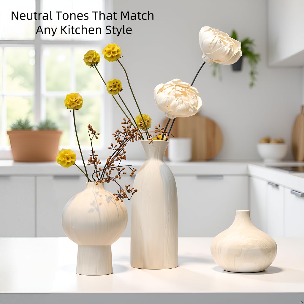 VesCare Ceramic Vase Set of 3 – White & Beige, Stone-Look Texture