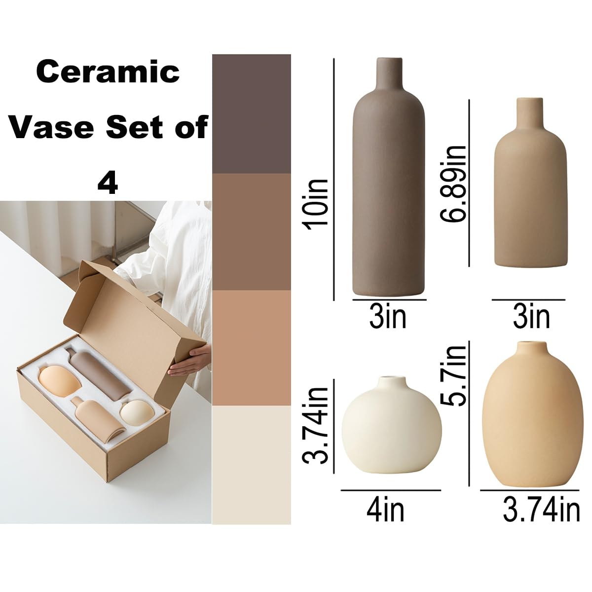 VesCare Modern Ceramic Vase Set of 4 – Neutral Colors, Coffee Mix