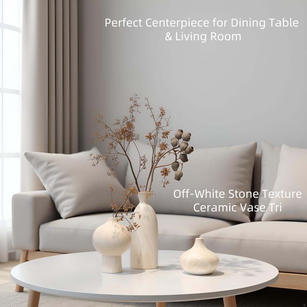 VesCare Ceramic Vase Set of 3 – White & Beige, Stone-Look Texture