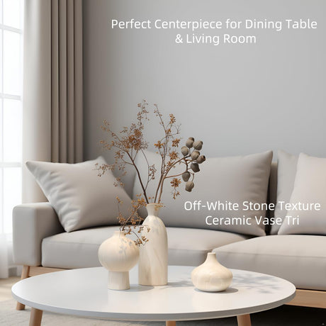 VesCare Ceramic Vase Set of 3 – White & Beige, Stone-Look Texture