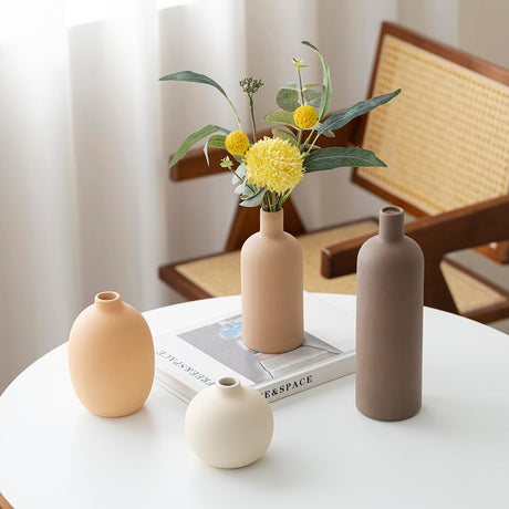 VesCare Modern Ceramic Vase Set of 4 – Neutral Colors, Coffee Mix