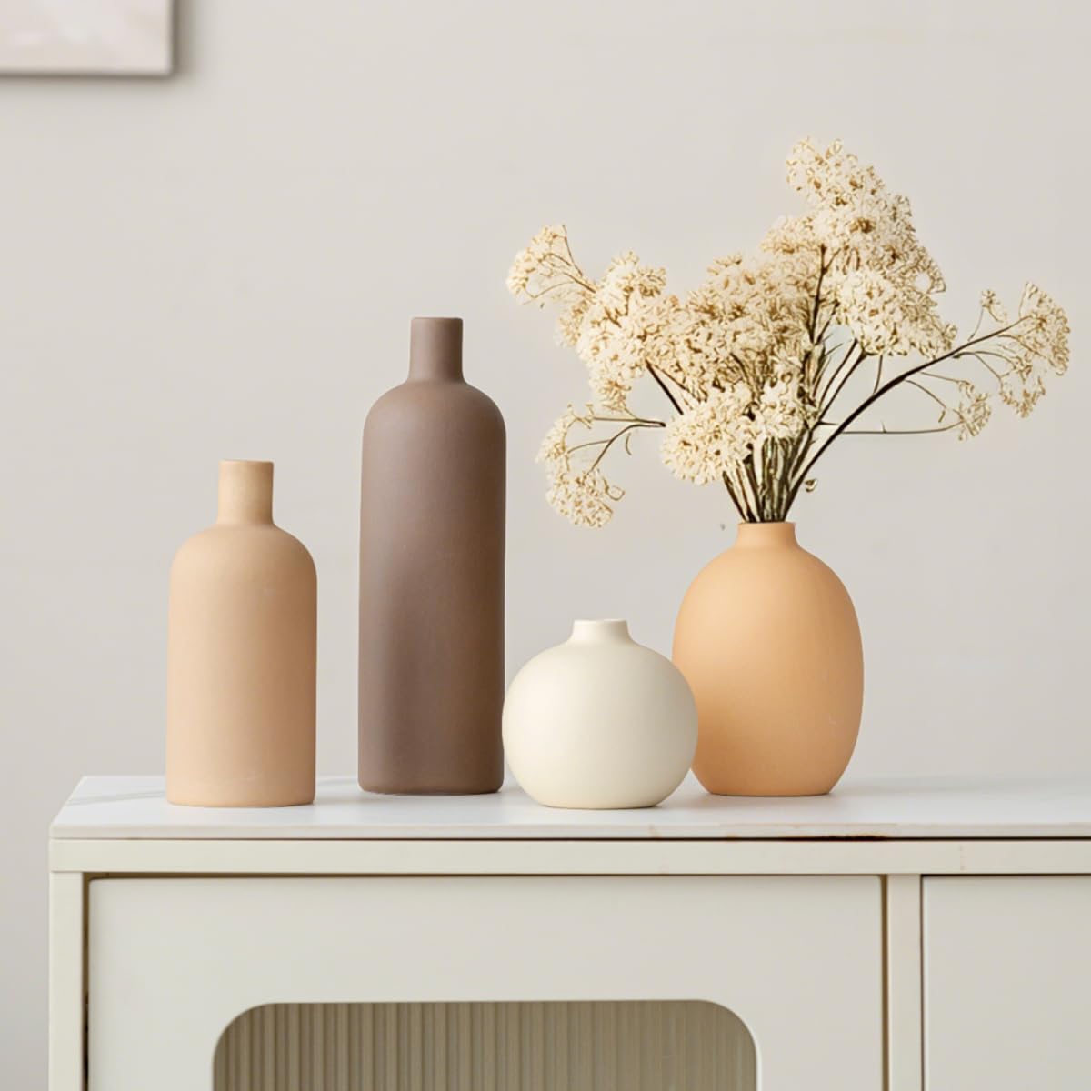 VesCare Modern Ceramic Vase Set of 4 – Neutral Colors, Coffee Mix