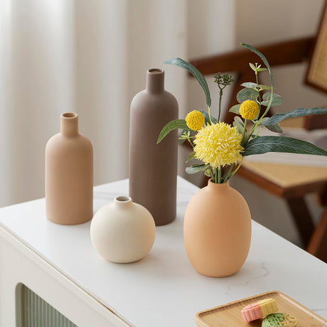 VesCare Modern Ceramic Vase Set of 4 – Neutral Colors, Coffee Mix