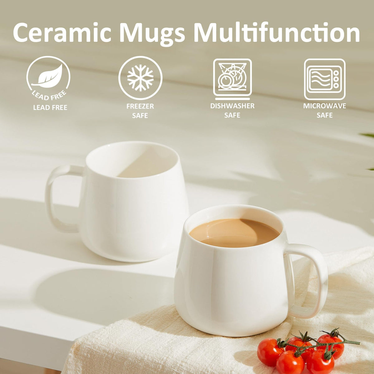 VesCare 16oz Stackable Ceramic Coffee Mugs – Set of 4, White