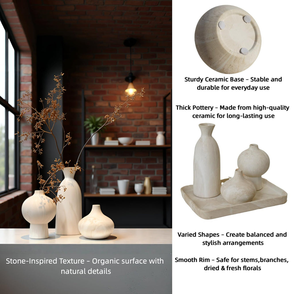 VesCare Ceramic Vase Set of 3 – White & Beige, Stone-Look Texture