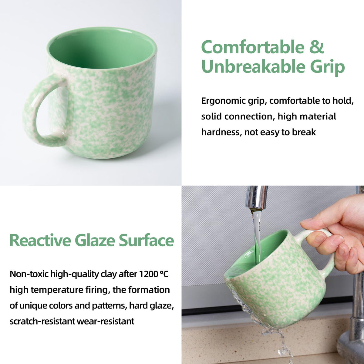 VesCare 12oz Ceramic Coffee Mugs – Set of 4, Green