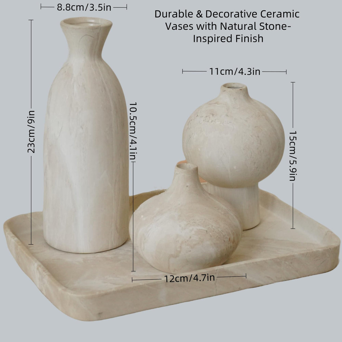 VesCare Ceramic Vase Set of 3 – White & Beige, Stone-Look Texture