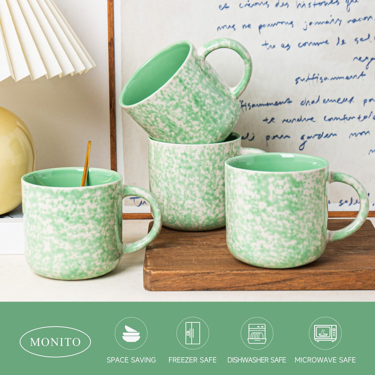 VesCare 12oz Ceramic Coffee Mugs – Set of 4, Green