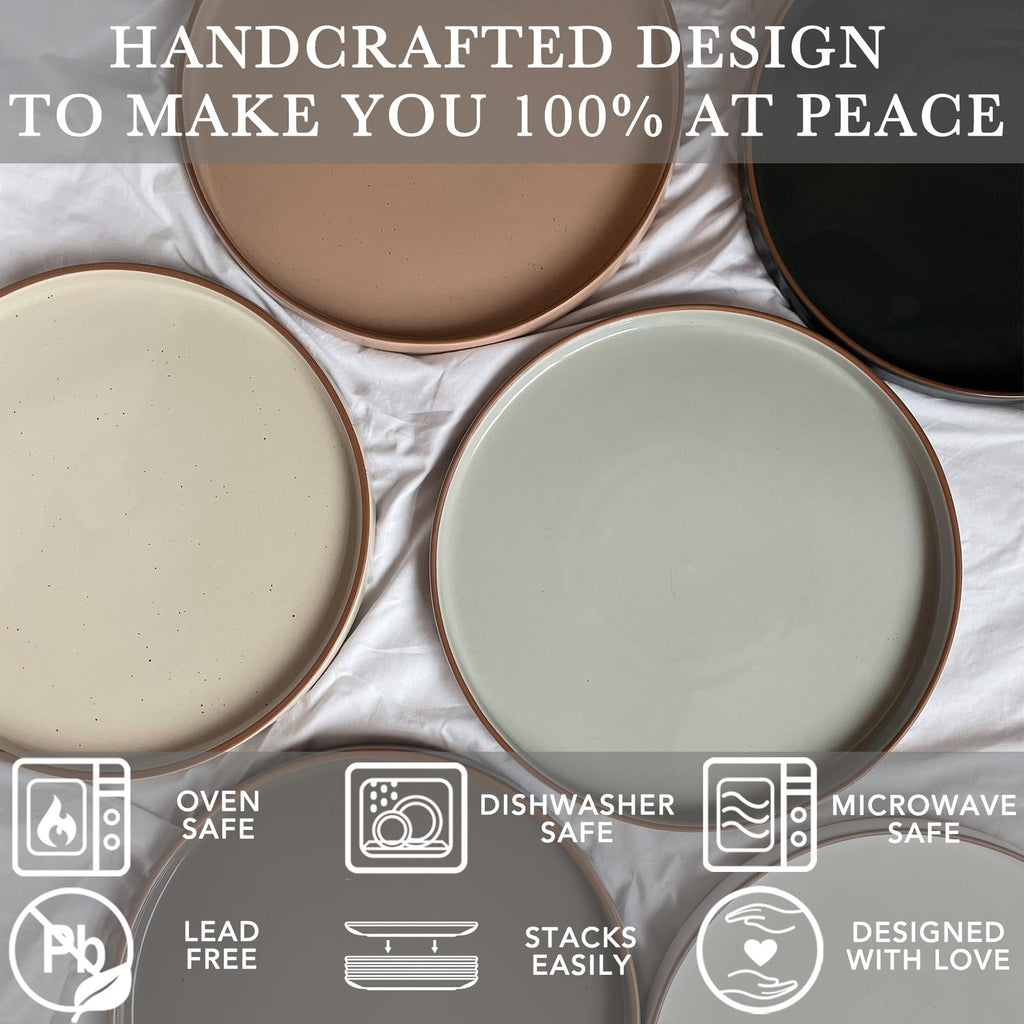 VesCare Ceramic Flat Plates – Set of 6, 8 Inch, Neutral Colors