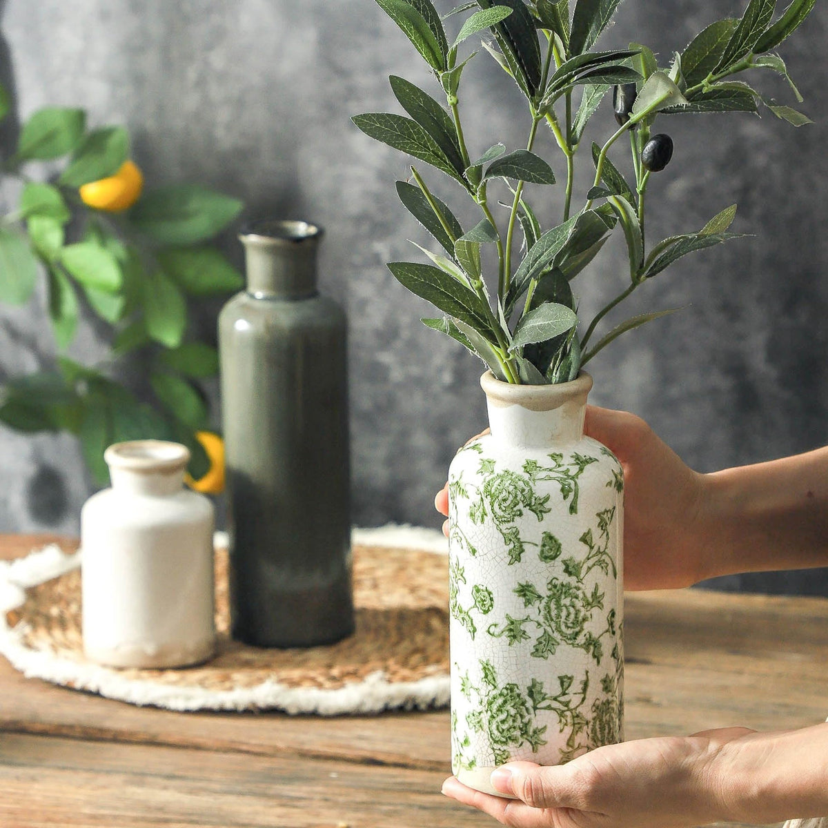VesCare Vintage Ceramic Flower Vase Set of 3 – Chinoiserie, Green & Beige