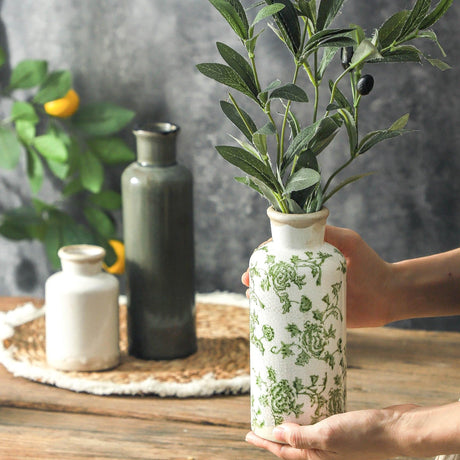 VesCare Vintage Ceramic Flower Vase Set of 3 – Chinoiserie, Green & Beige