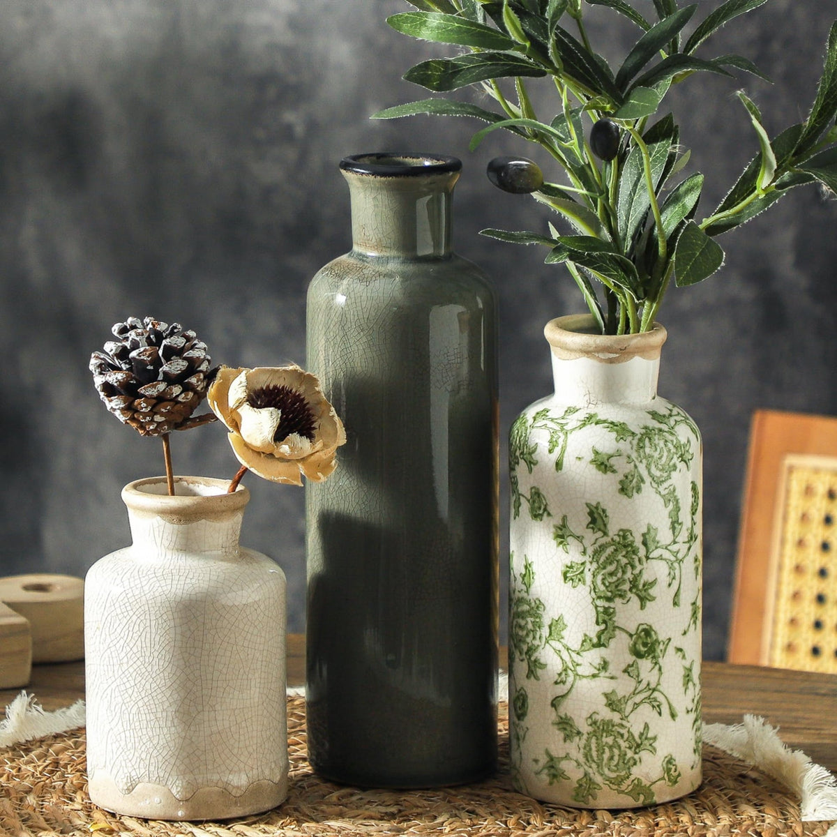 VesCare Vintage Ceramic Flower Vase Set of 3 – Chinoiserie, Green & Beige