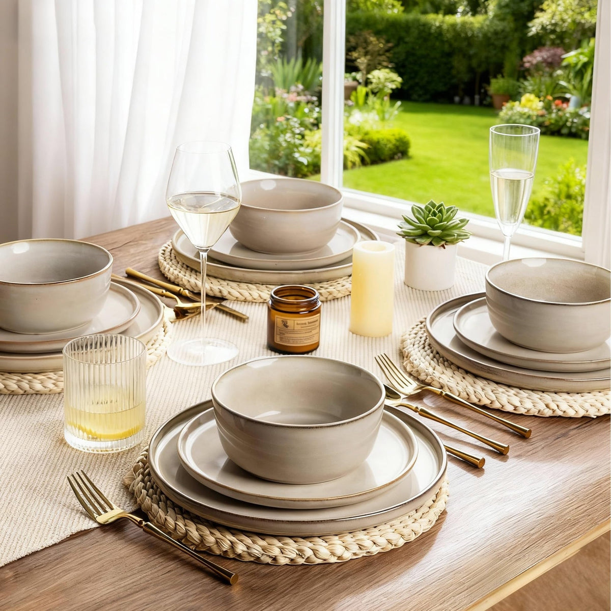 VesCare Stoneware Dinnerware Set – Reactive Glaze, Service for 8
