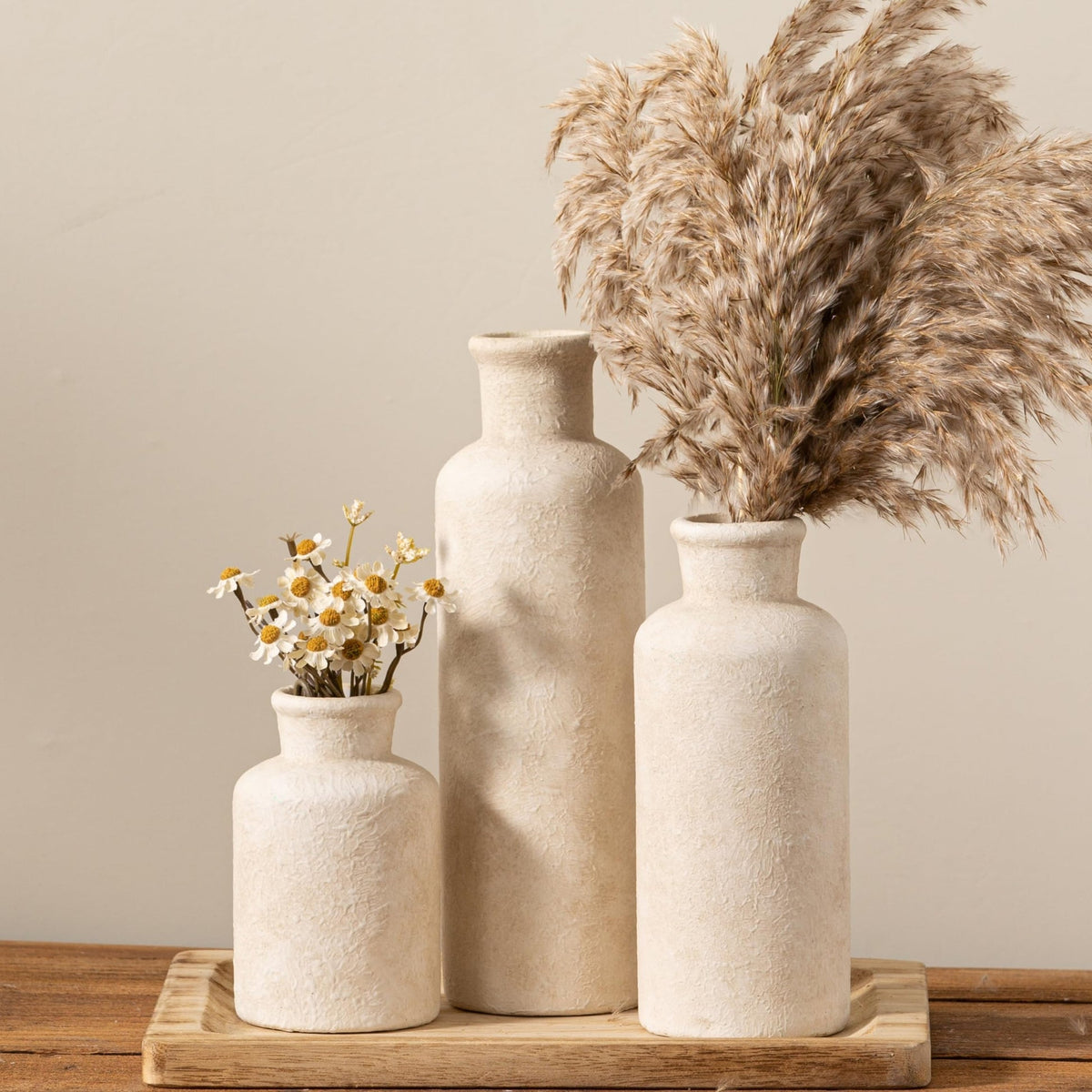 VesCare Ceramic Vases Set of 3 – Whitewashed Neutral, Farmhouse Decor