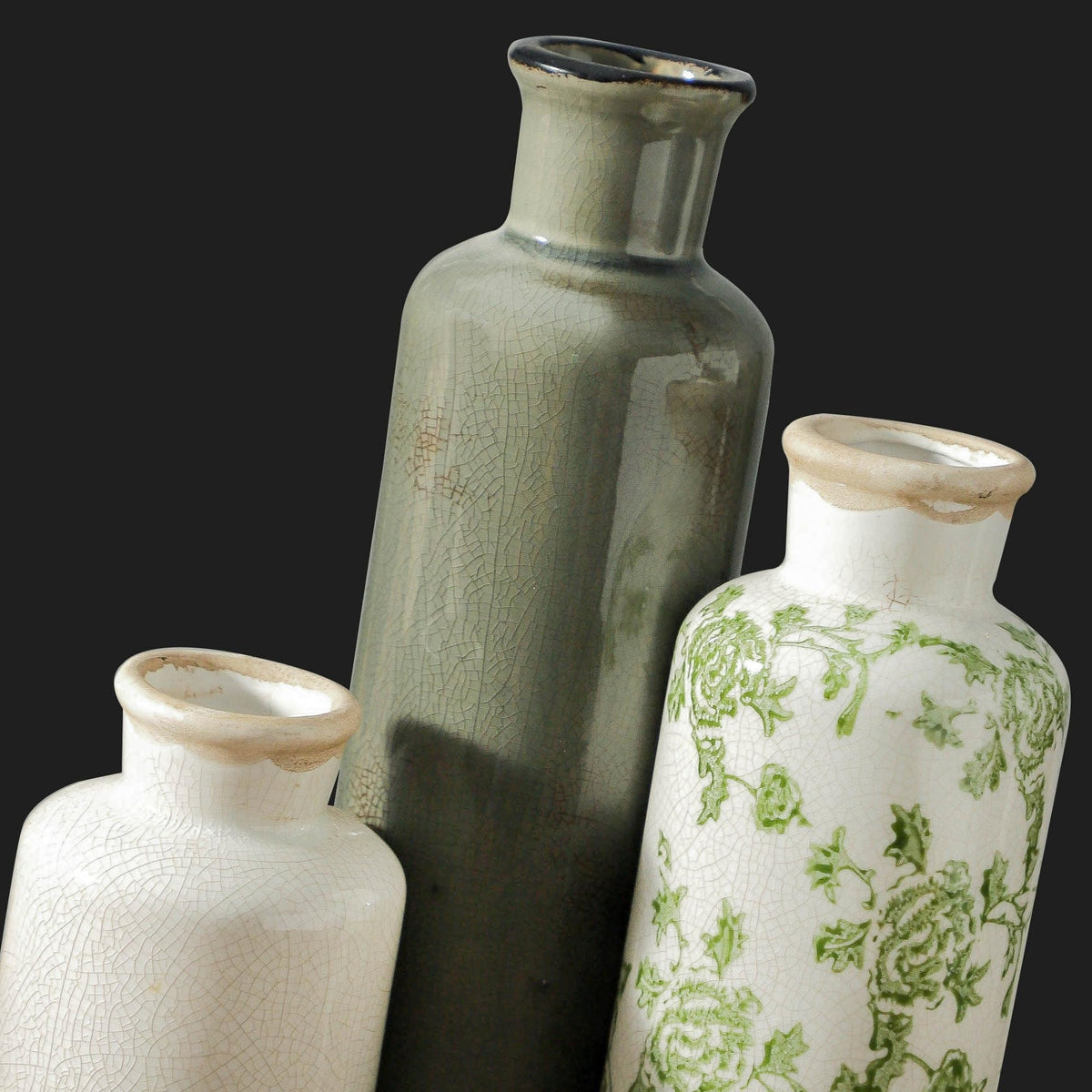 VesCare Vintage Ceramic Flower Vase Set of 3 – Chinoiserie, Green & Beige