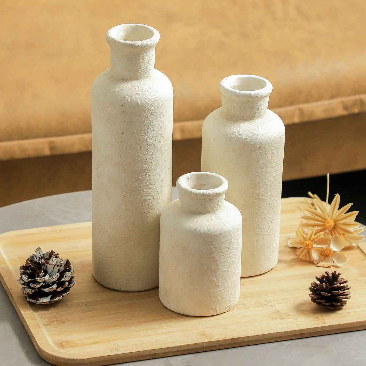 VesCare Ceramic Vases Set of 3 – Whitewashed Neutral, Farmhouse Decor