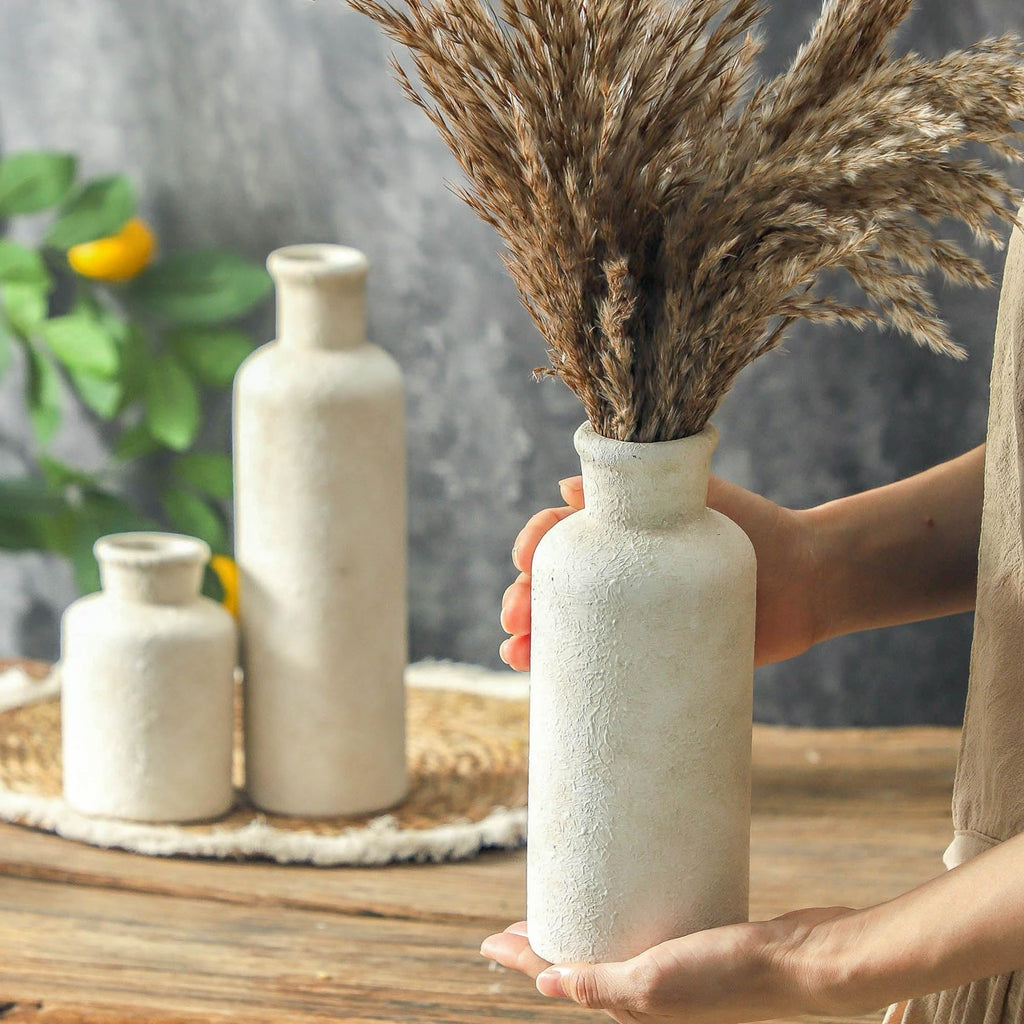 VesCare Ceramic Vases Set of 3 – Whitewashed Neutral, Farmhouse Decor