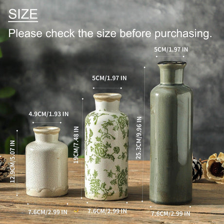 VesCare Vintage Ceramic Flower Vase Set of 3 – Chinoiserie, Green & Beige