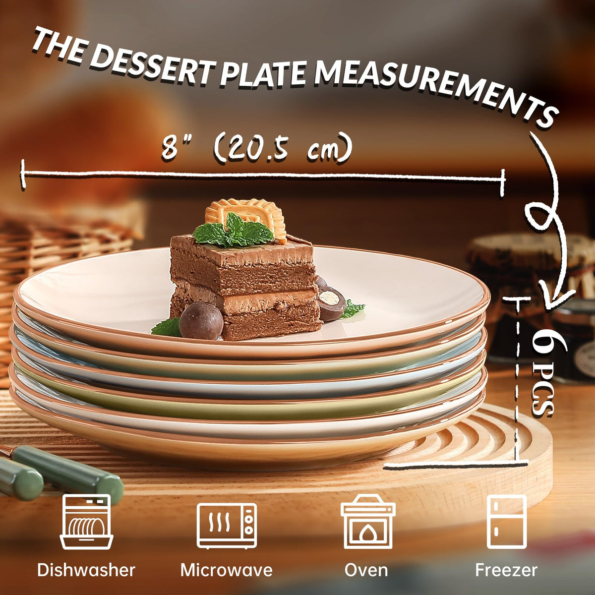 VesCare Colorful Ceramic Dessert Plates – Set of 6, 8 Inch, Assorted Colors