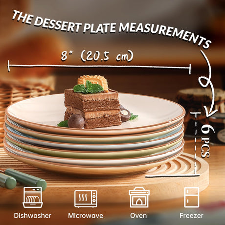 VesCare Colorful Ceramic Dessert Plates – Set of 6, 8 Inch, Assorted Colors