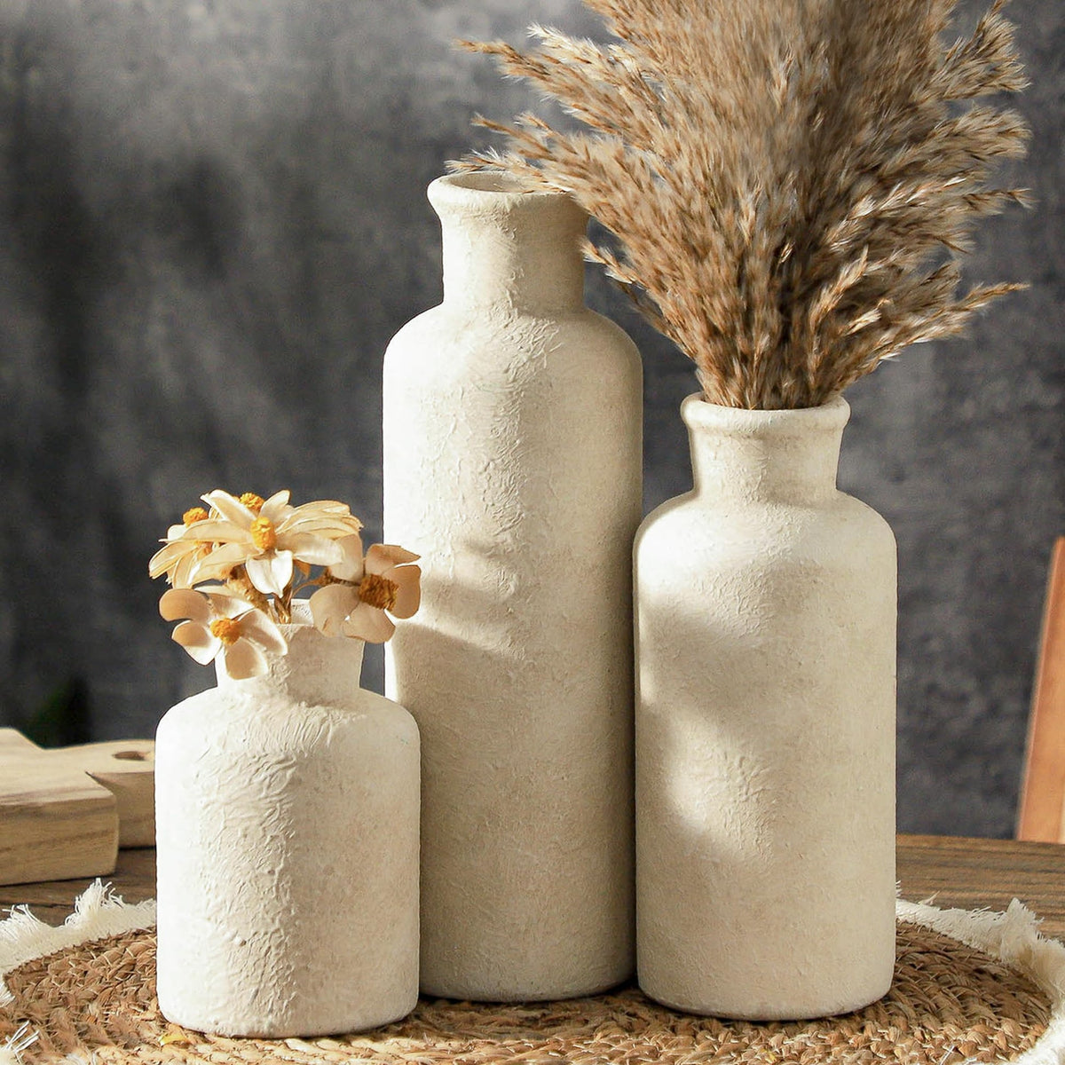 VesCare Ceramic Vases Set of 3 – Whitewashed Neutral, Farmhouse Decor