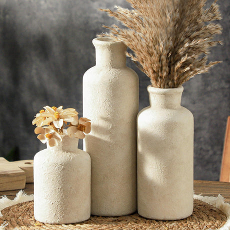 VesCare Ceramic Vases Set of 3 – Whitewashed Neutral, Farmhouse Decor