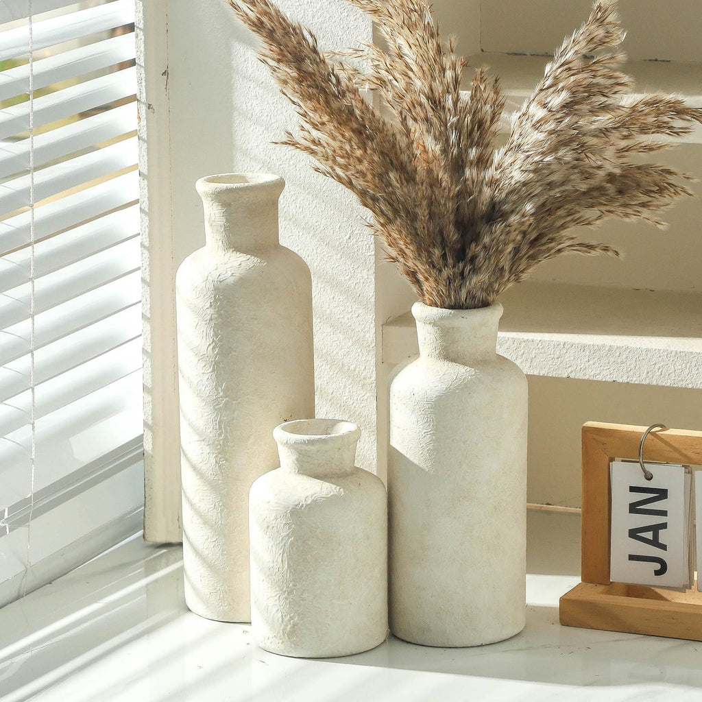 VesCare Ceramic Vases Set of 3 – Whitewashed Neutral, Farmhouse Decor