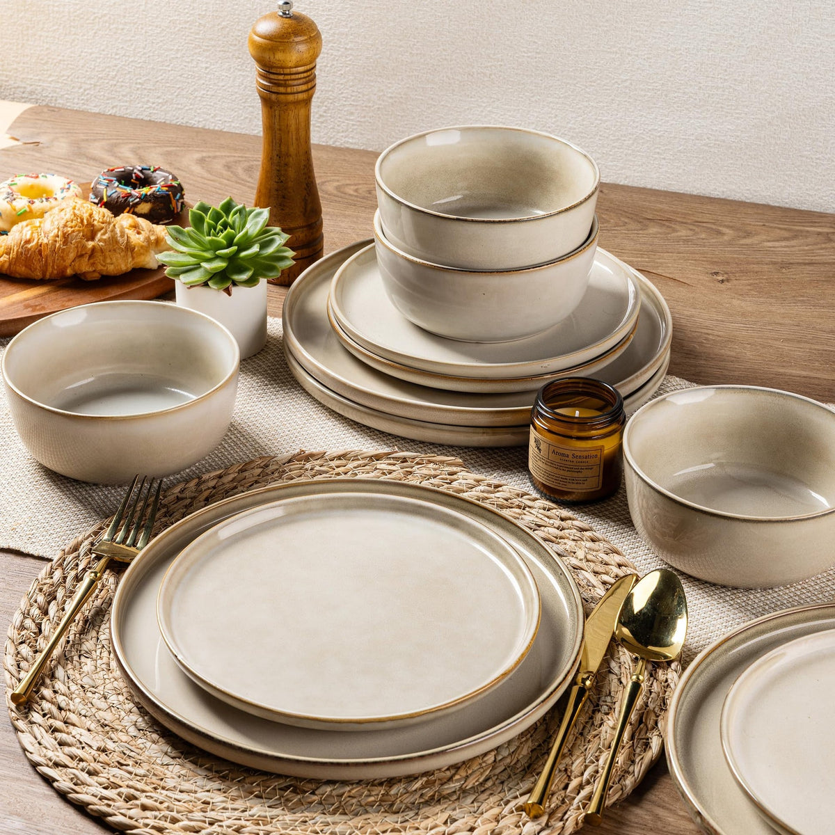 VesCare Stoneware Dinnerware Set – Reactive Glaze, Service for 8